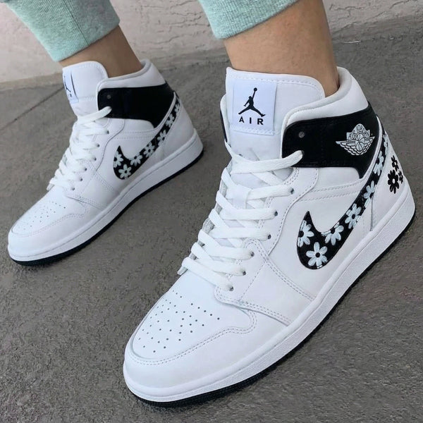 Custom AJ 1s Shoes White Black Flowers-oicustom