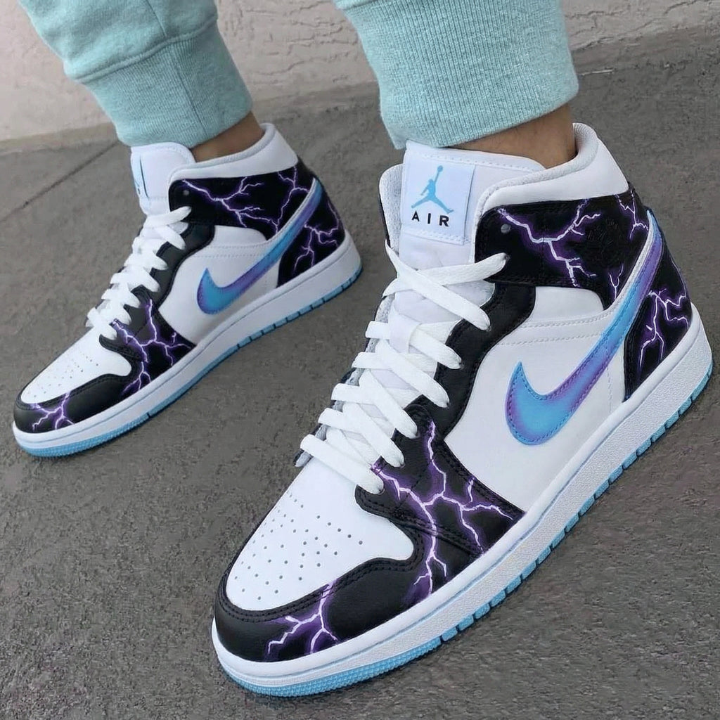 Custom AJ 1s Shoes White Black Purple Lightning Pattern-oicustom