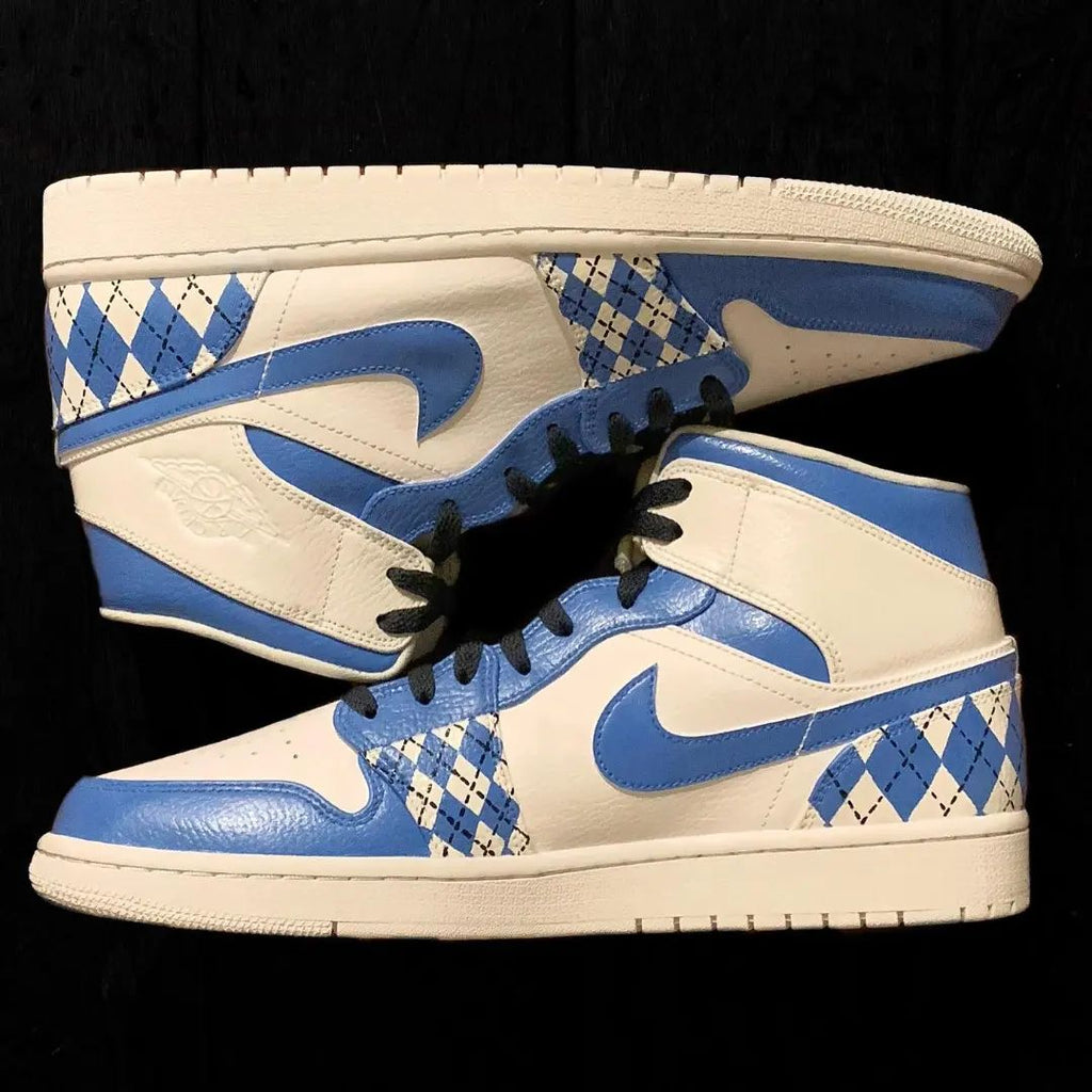 Custom AJ 1s Shoes White Blue Argyle Pattern-oicustom