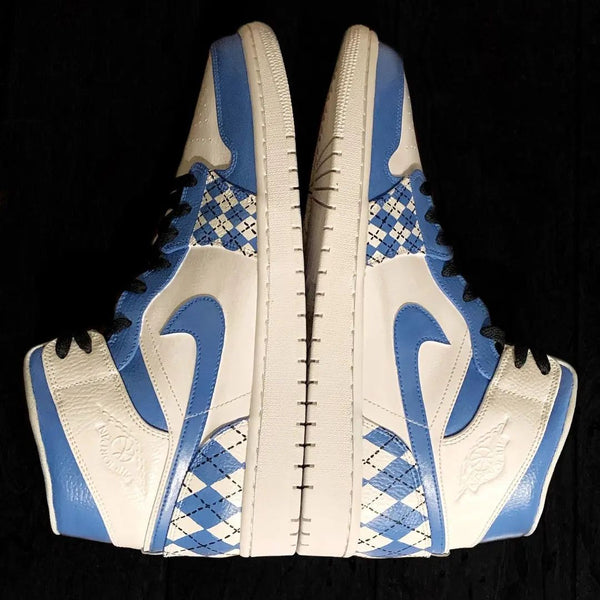 Custom AJ 1s Shoes White Blue Argyle Pattern-oicustom