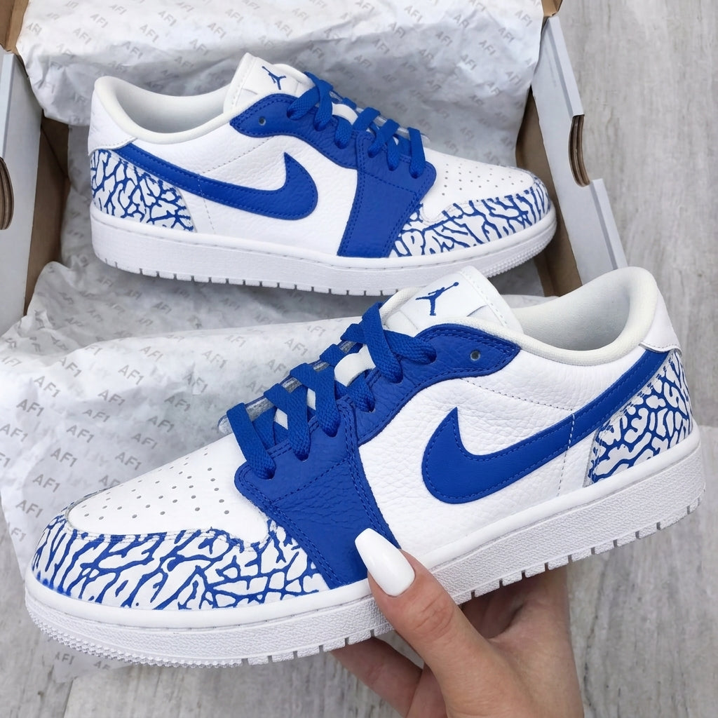 Custom AJ 1s Shoes White Blue Elephant Print-oicustom