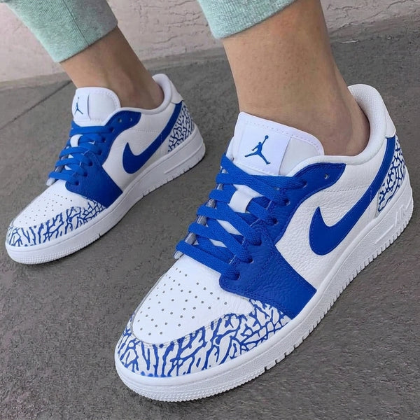 Custom AJ 1s Shoes White Blue Elephant Print-oicustom