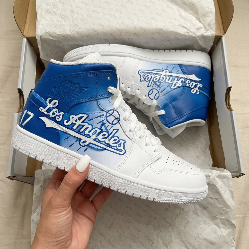 Custom AJ 1s Shoes White Blue Los Angeles Dodgers 17 Baseball Design-oicustom