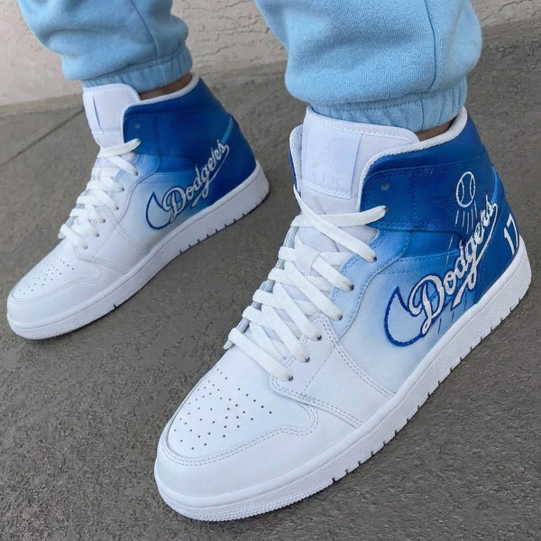 Custom AJ 1s Shoes White Blue Los Angeles Dodgers 17 Baseball Design-oicustom