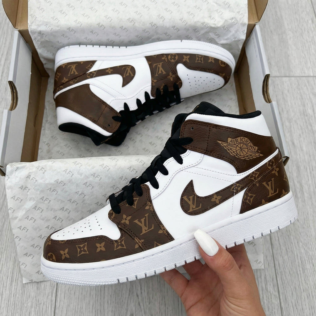 Custom AJ 1s Shoes White Brown LV Pattern-oicustom