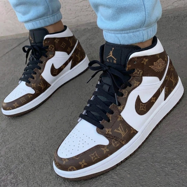 Custom AJ 1s Shoes White Brown LV Pattern-oicustom