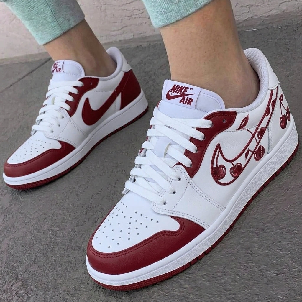 Custom AJ 1s Shoes White Burgundy Cherries-oicustom
