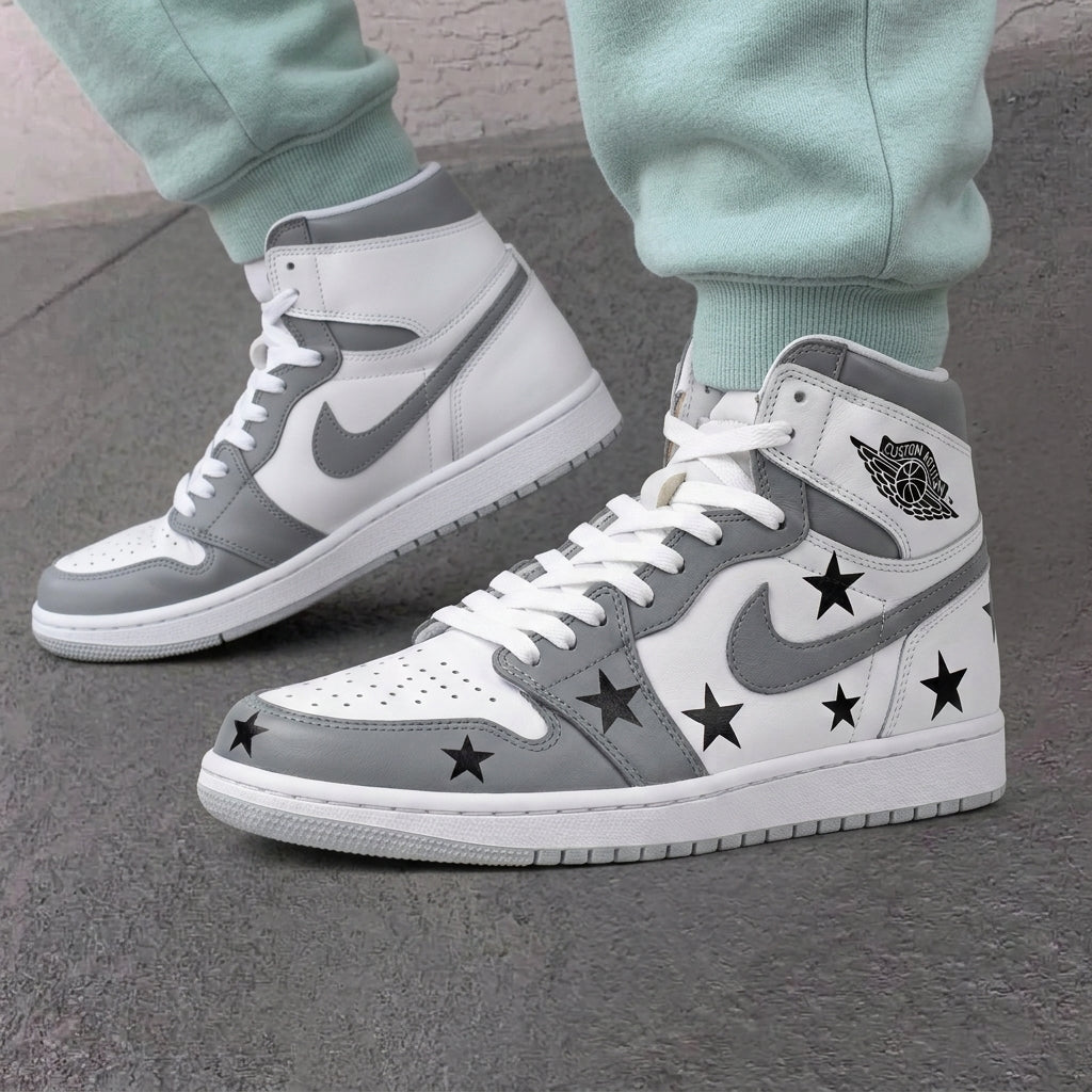 Custom AJ 1s Shoes White Gray Black Stars-oicustom