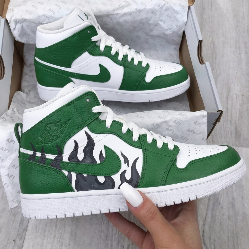 Custom AJ 1s Shoes White Green Black Flames-oicustom