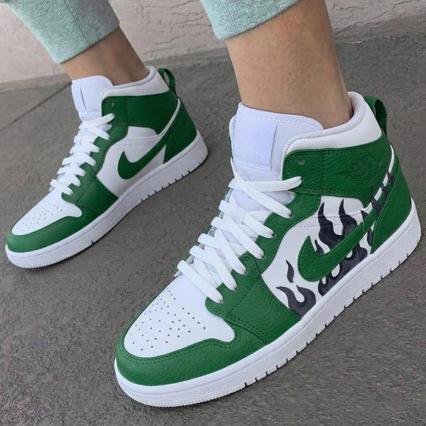 Custom AJ 1s Shoes White Green Black Flames-oicustom