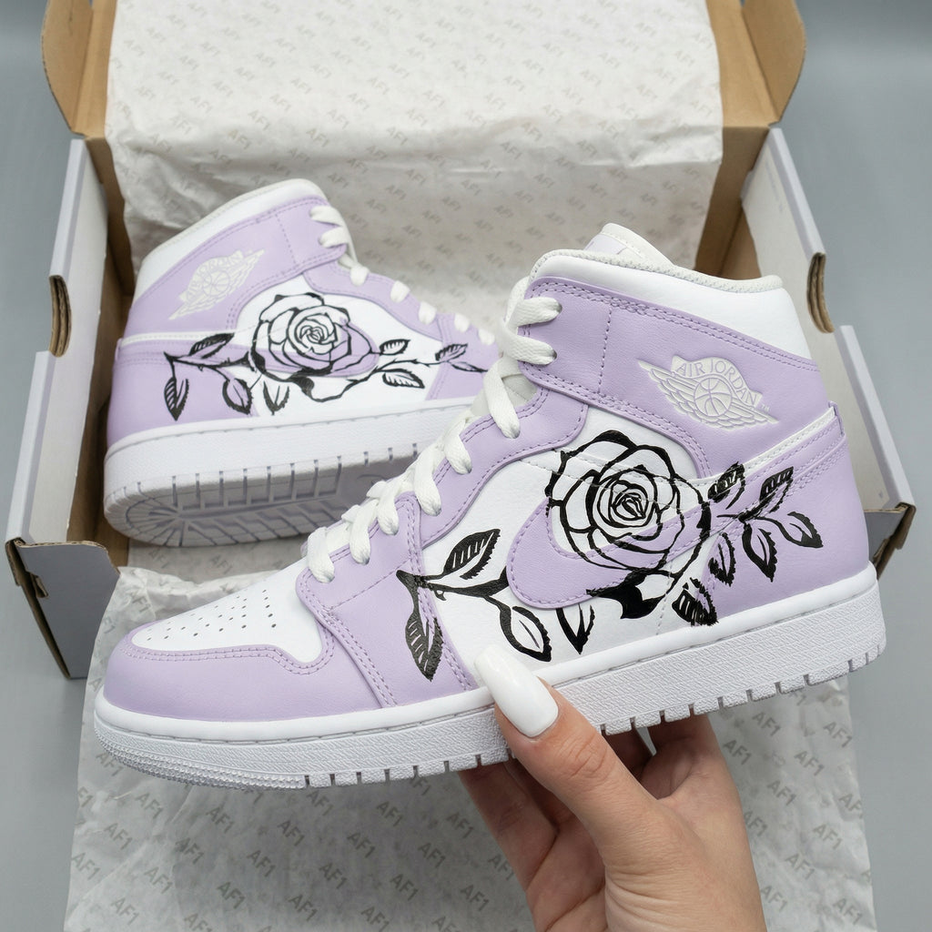 Custom AJ 1s Shoes White Lavender Black Roses-oicustom