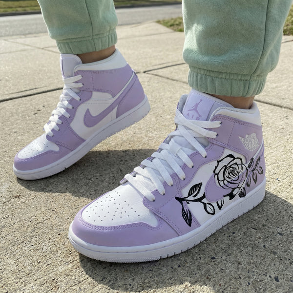 Custom AJ 1s Shoes White Lavender Black Roses-oicustom