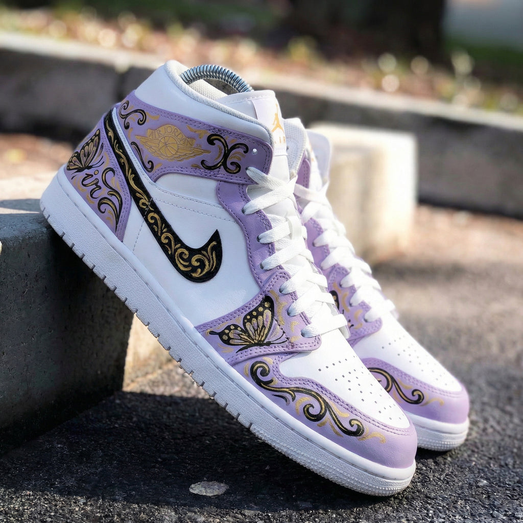 Custom AJ 1s Shoes White Lavender with Butterflies and Gold Patterns-oicustom