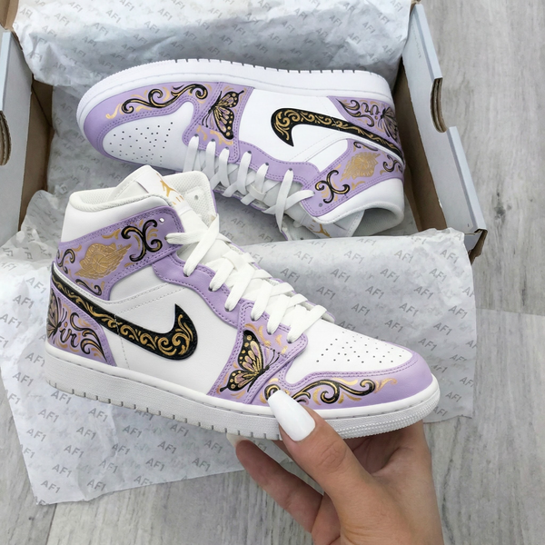 Custom AJ 1s Shoes White Lavender with Butterflies and Gold Patterns-oicustom