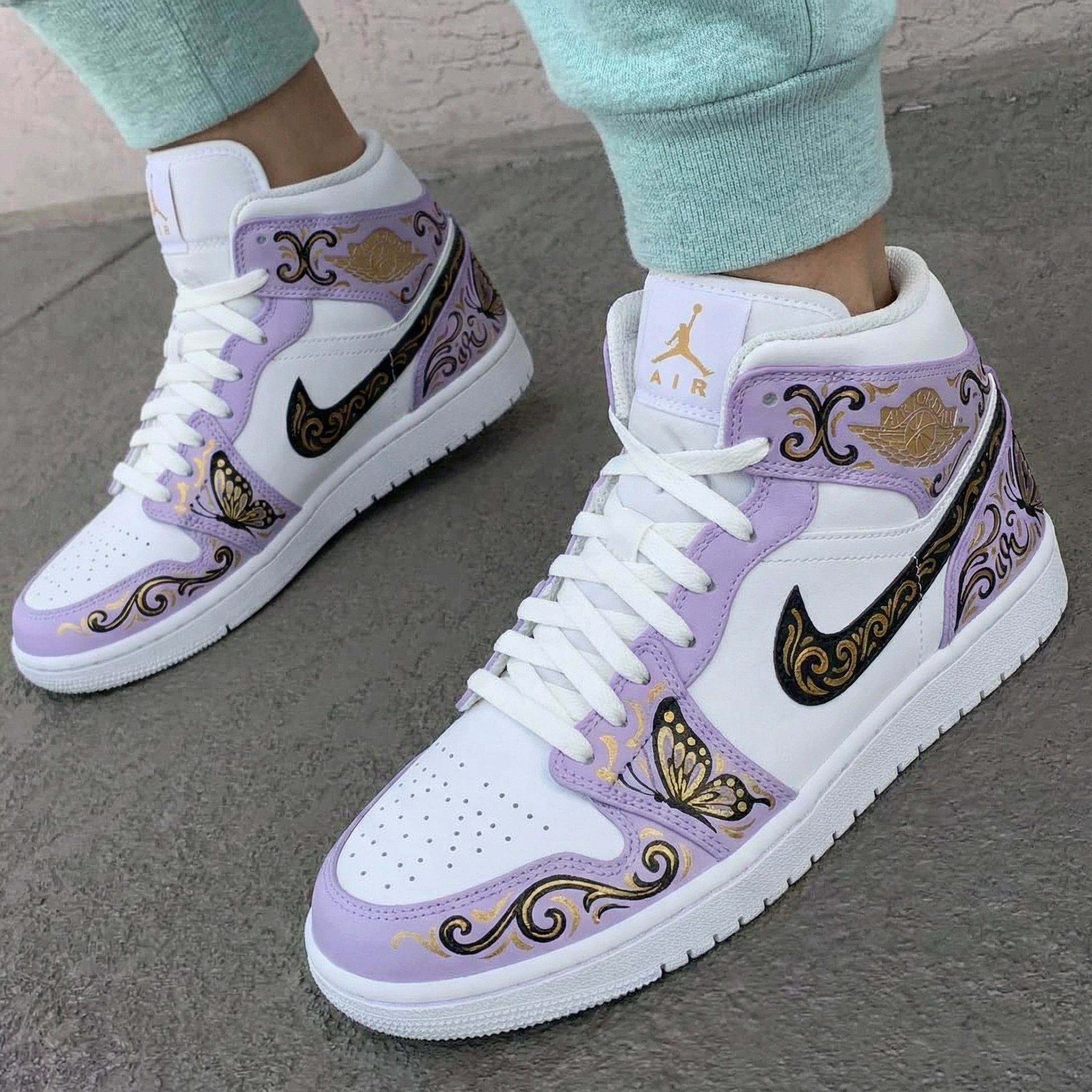 Custom AJ 1s Shoes White Lavender with Butterflies and Gold Patterns ...
