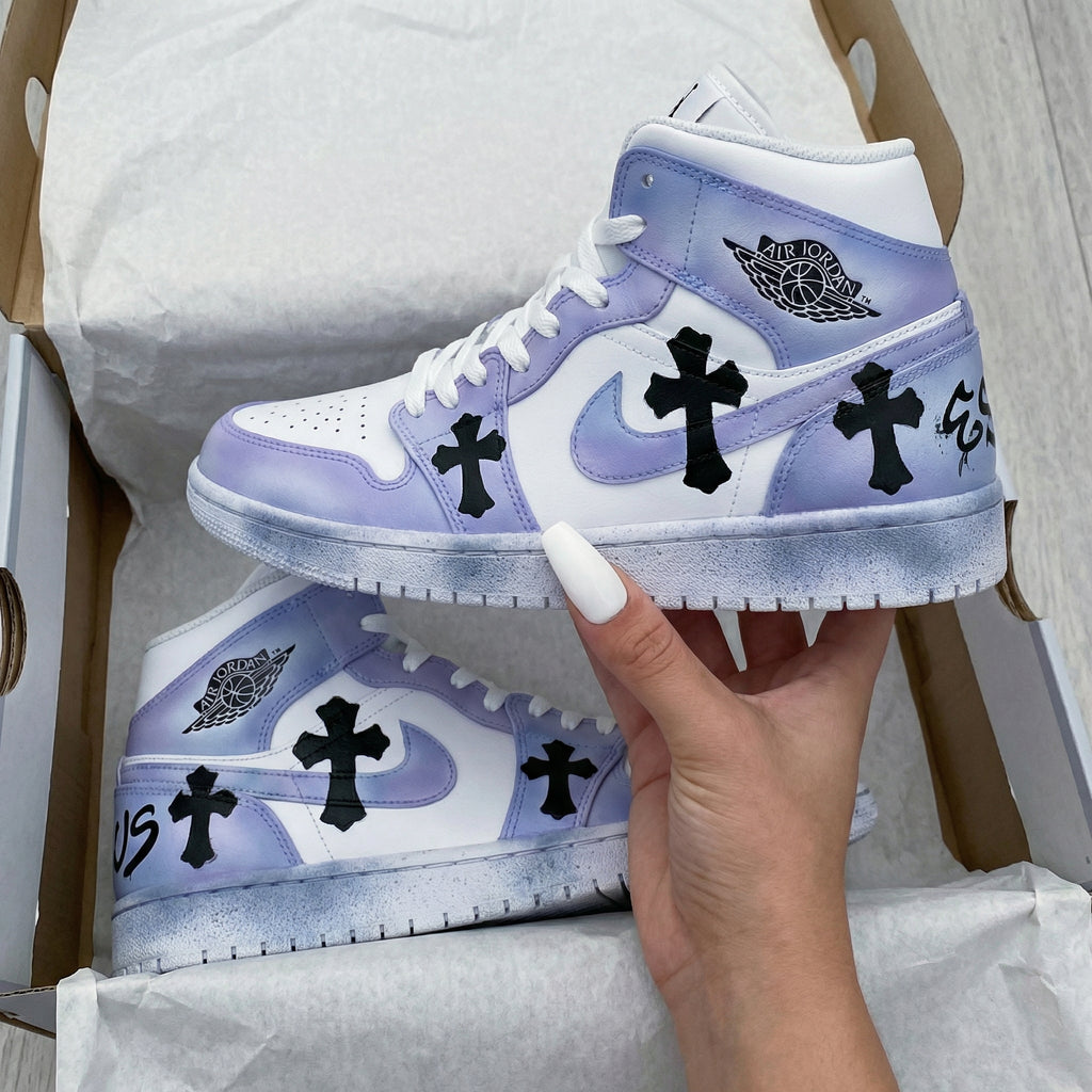 Custom AJ 1s Shoes White Light Purple Black Crosses-oicustom
