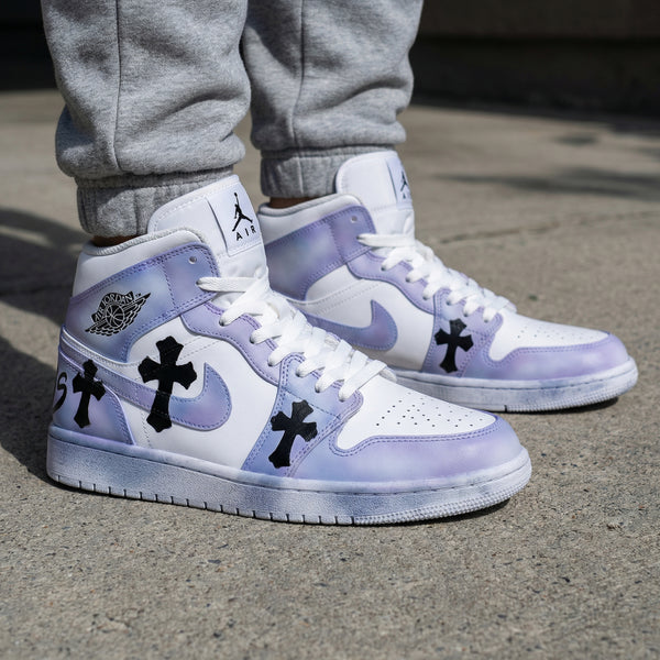 Custom AJ 1s Shoes White Light Purple Black Crosses-oicustom
