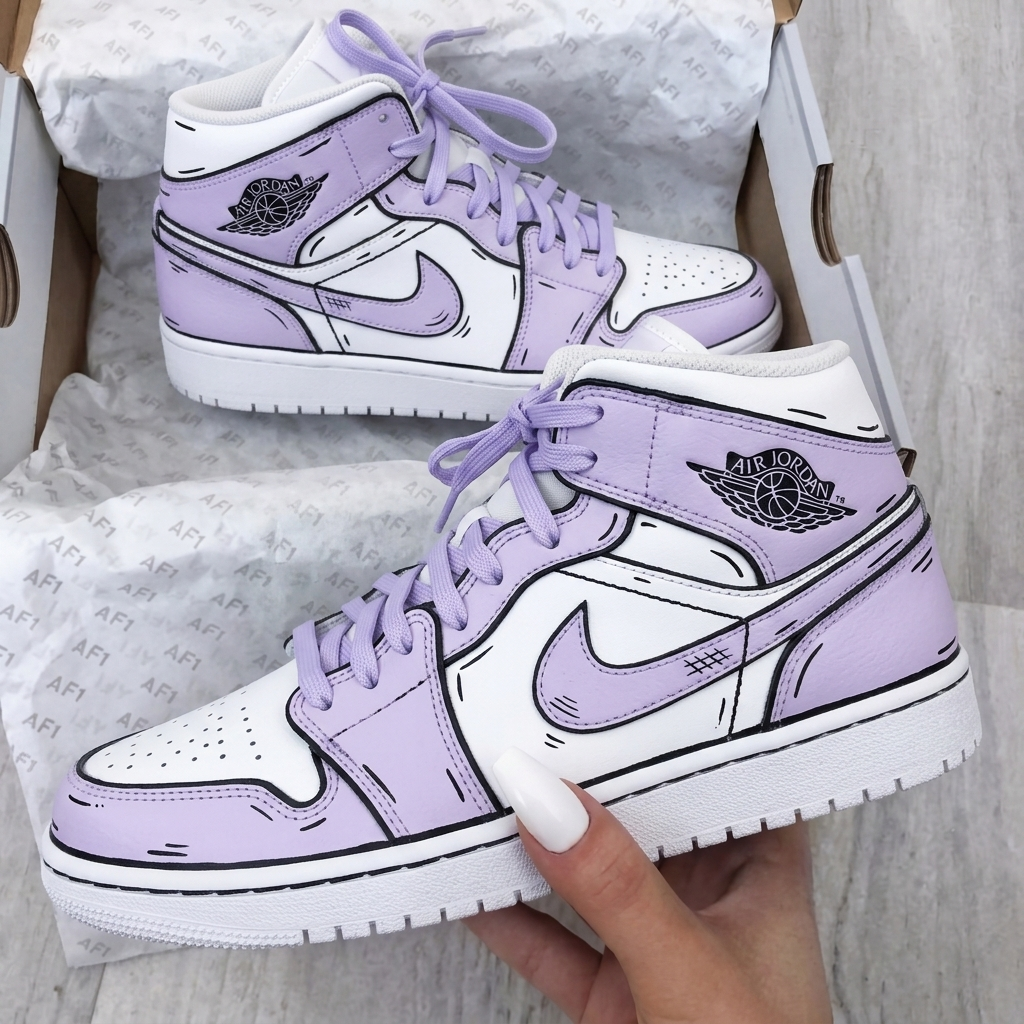 Custom AJ 1s Shoes White Light Purple Comic Outline-oicustom