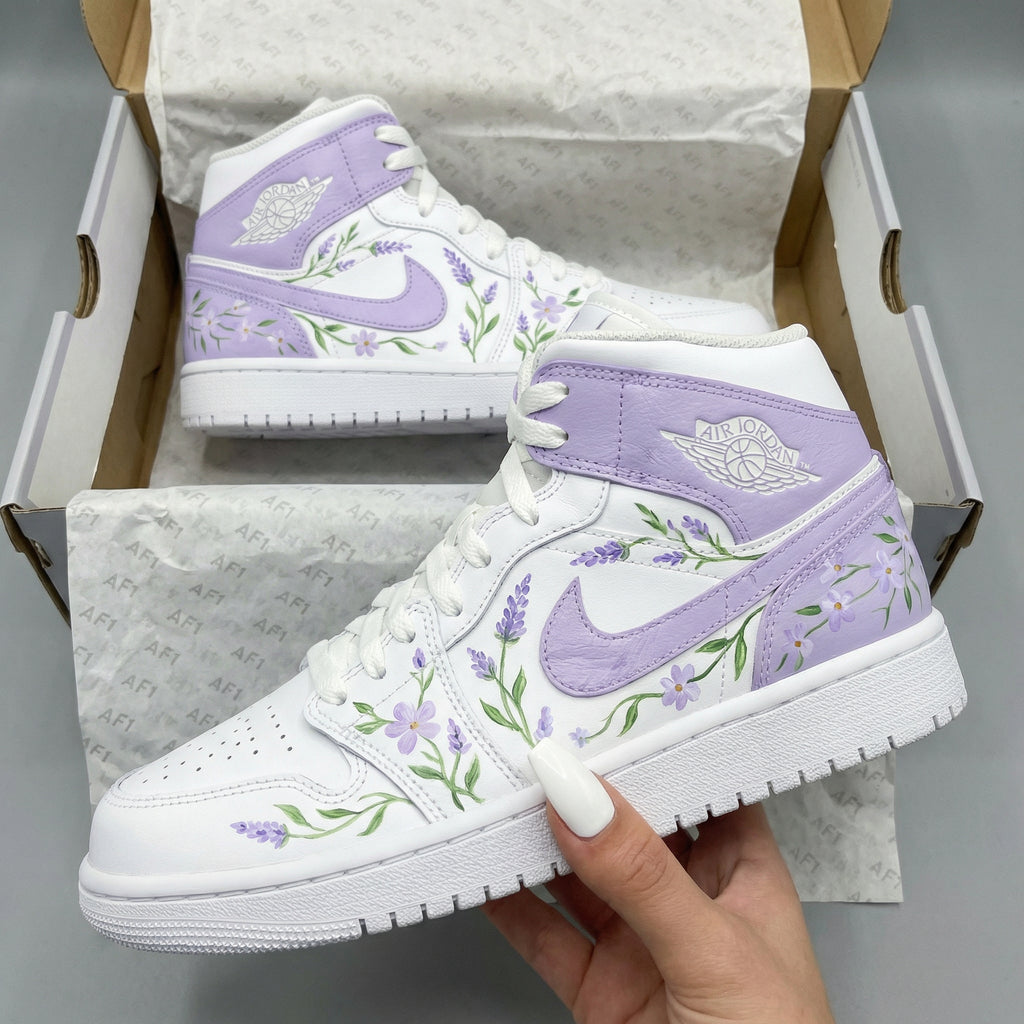 Custom AJ 1s Shoes White Light Purple Lavender Floral-oicustom