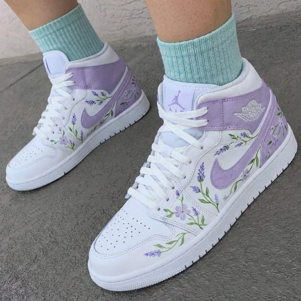 Custom AJ 1s Shoes White Light Purple Lavender Floral-oicustom