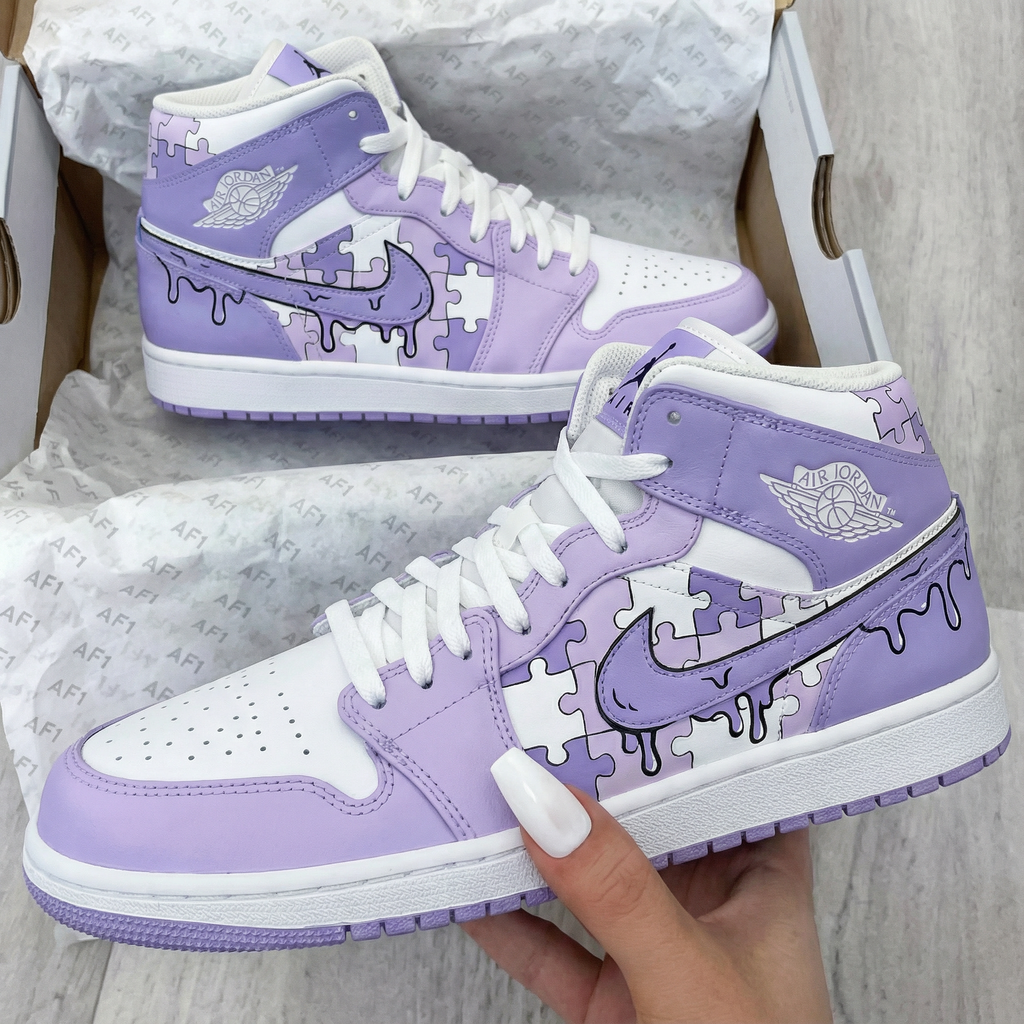 Custom AJ 1s Shoes White Lilac Puzzle Pattern-oicustom