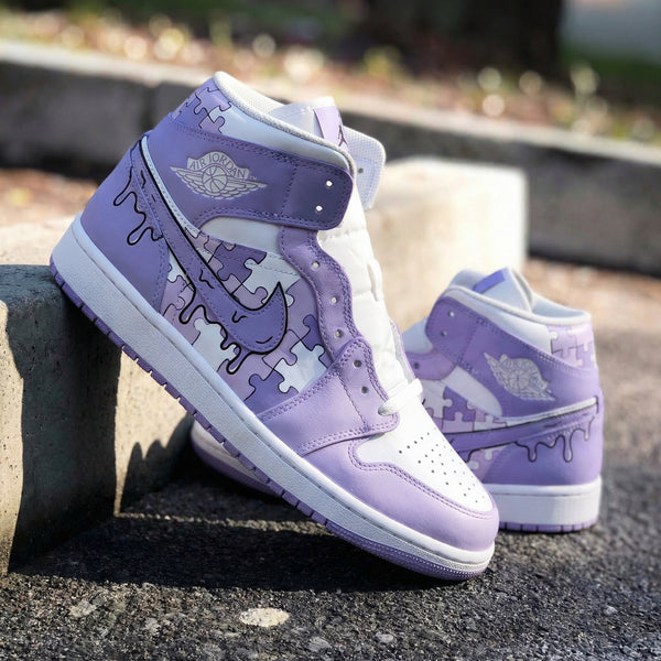 Custom AJ 1s Shoes White Lilac Puzzle Pattern-oicustom