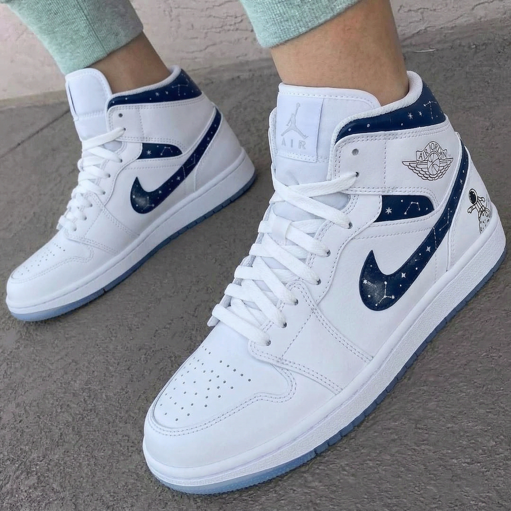 Custom AJ 1s Shoes White Navy Blue Constellation Astronaut Pattern-oicustom