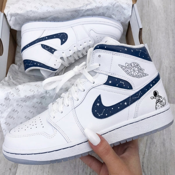 Custom AJ 1s Shoes White Navy Blue Constellation Astronaut Pattern-oicustom