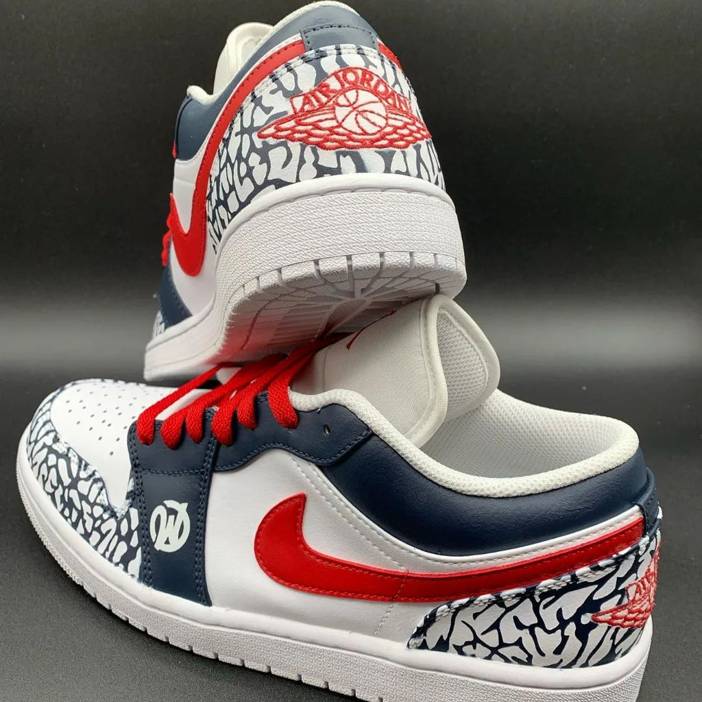 Custom AJ 1s Shoes White Navy Red Crackle Pattern-oicustom