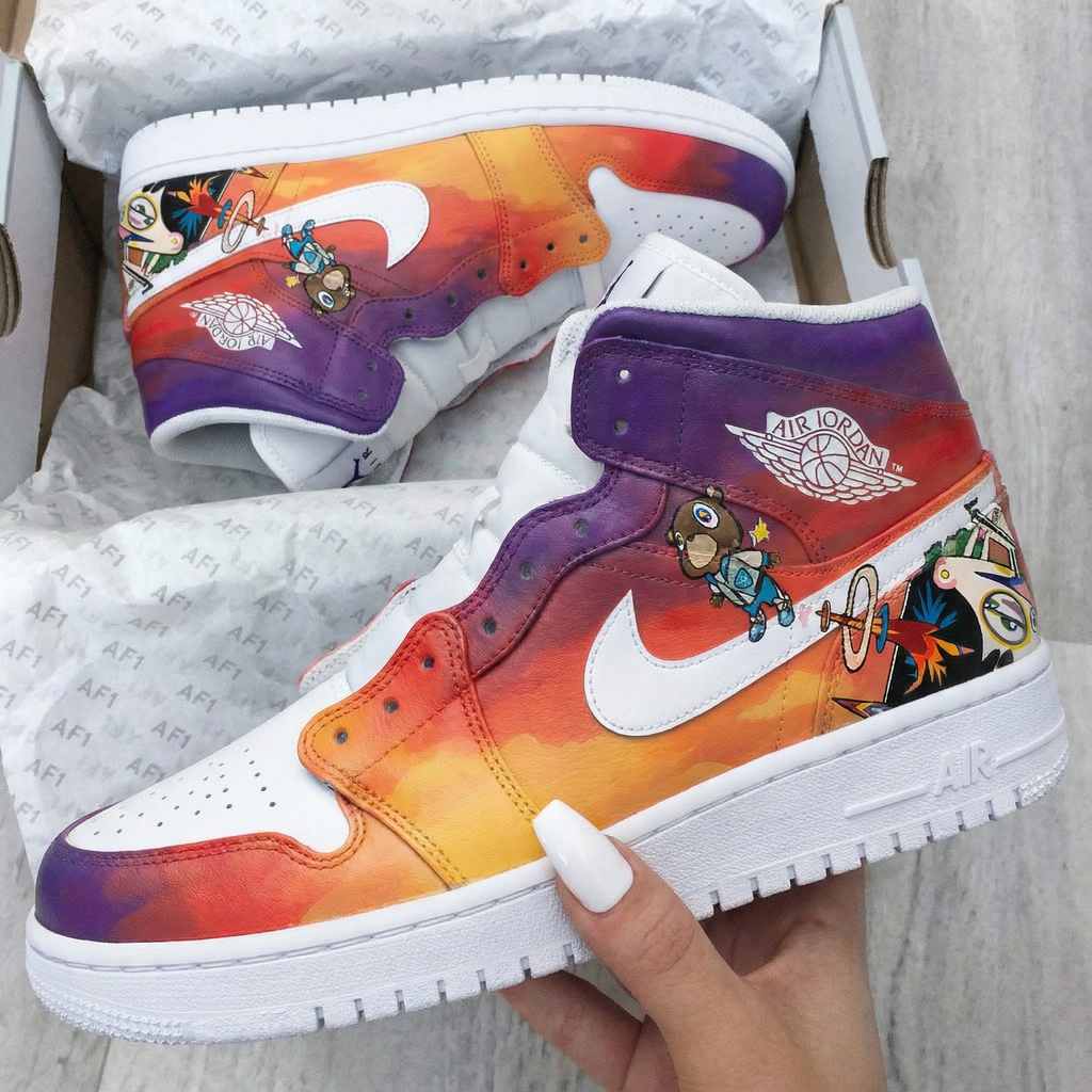 Custom AJ 1s Shoes White Orange Purple Cartoon Pattern-oicustom