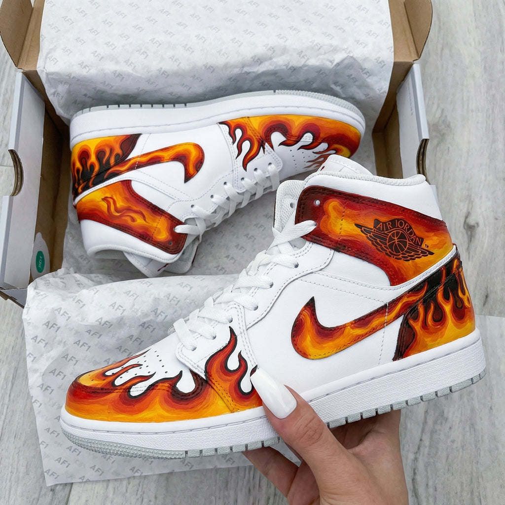 Custom AJ 1s Shoes White Orange Red Flame Design-oicustom