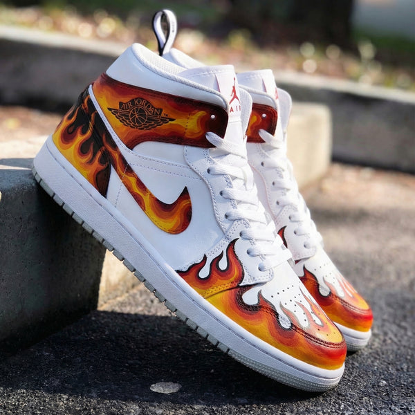 Custom AJ 1s Shoes White Orange Red Flame Design-oicustom