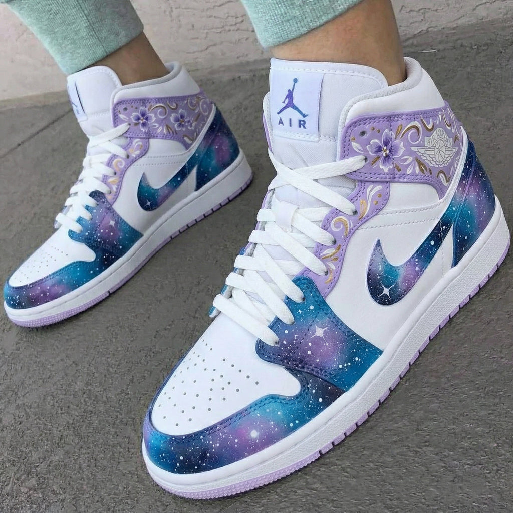 Custom AJ 1s Shoes White Purple Blue Galaxy Floral Design-oicustom