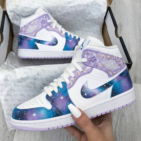 Custom AJ 1s Shoes White Purple Blue Galaxy Floral Design-oicustom