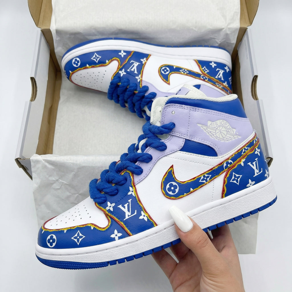 Custom AJ 1s Shoes White Purple Blue with LV Pattern-oicustom