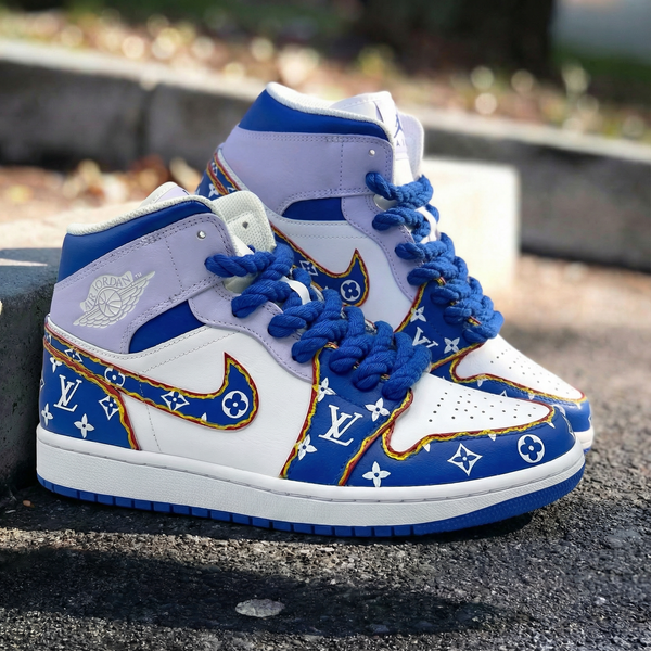 Custom AJ 1s Shoes White Purple Blue with LV Pattern-oicustom