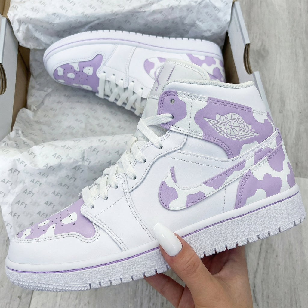 Custom AJ 1s Shoes White Purple Cow Print-oicustom
