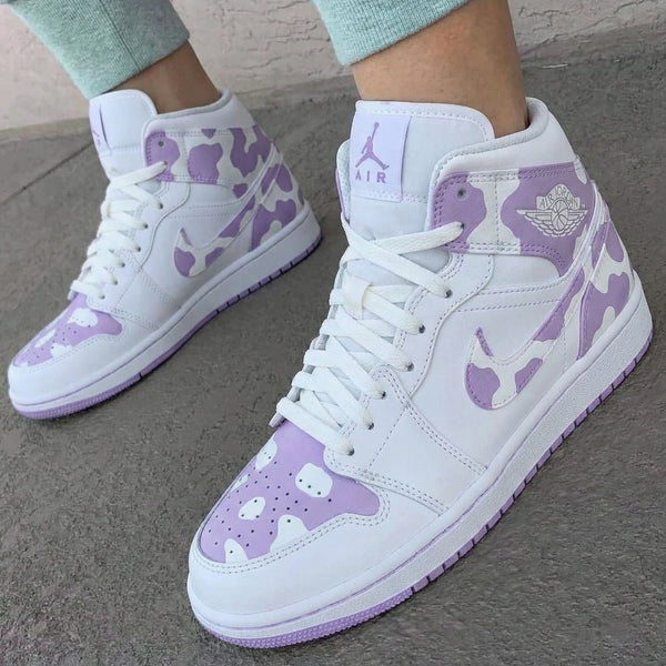 Custom AJ 1s Shoes White Purple Cow Print-oicustom