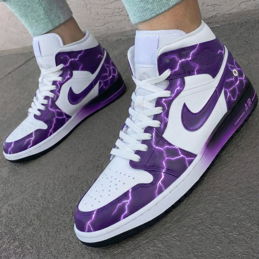 Custom AJ 1s Shoes White Purple Lightning Pattern-oicustom