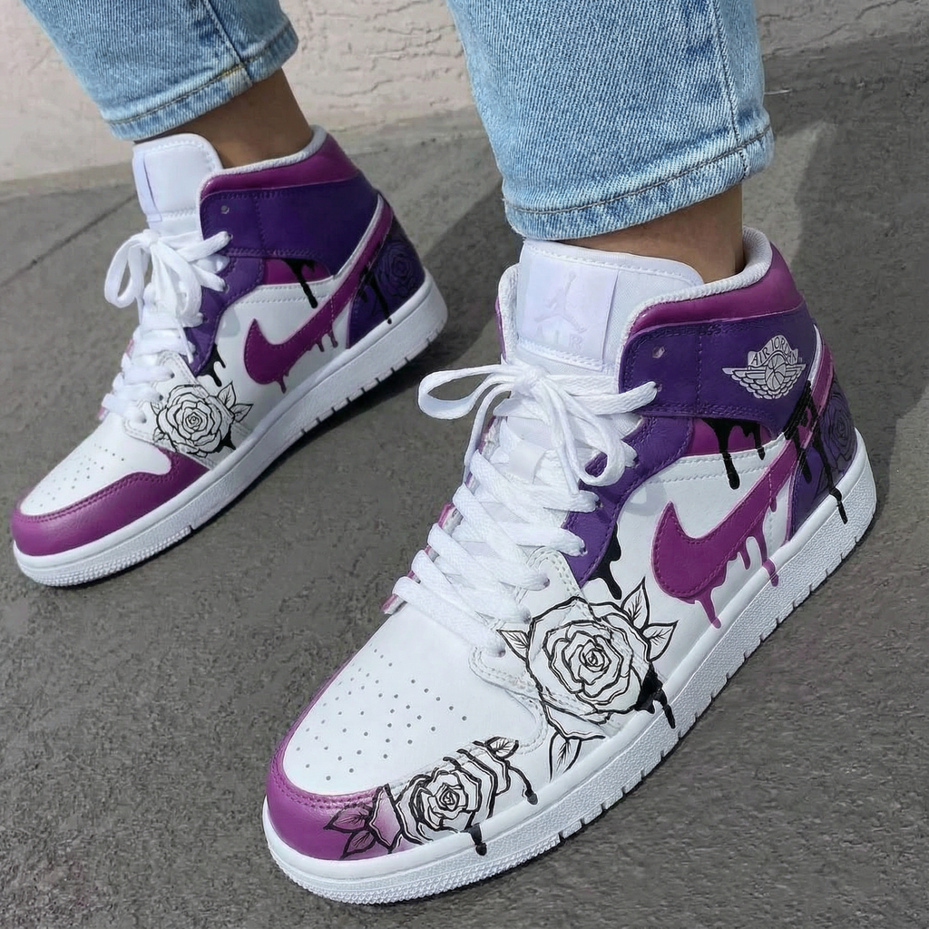 Custom AJ 1s Shoes White Purple Rose Design-oicustom