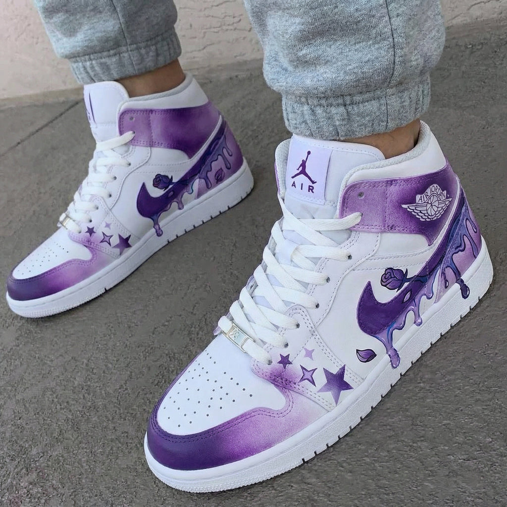 Custom AJ 1s Shoes White Purple Star and Rose Pattern-oicustom