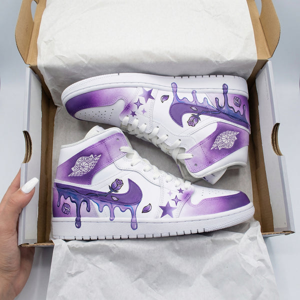 Custom AJ 1s Shoes White Purple Star and Rose Pattern-oicustom