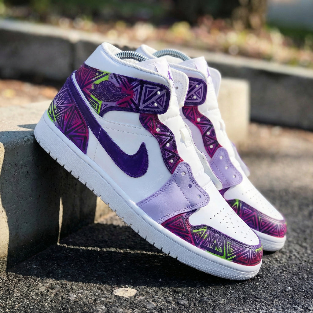 Custom AJ 1s Shoes White Purple with Geometric Patterns-oicustom
