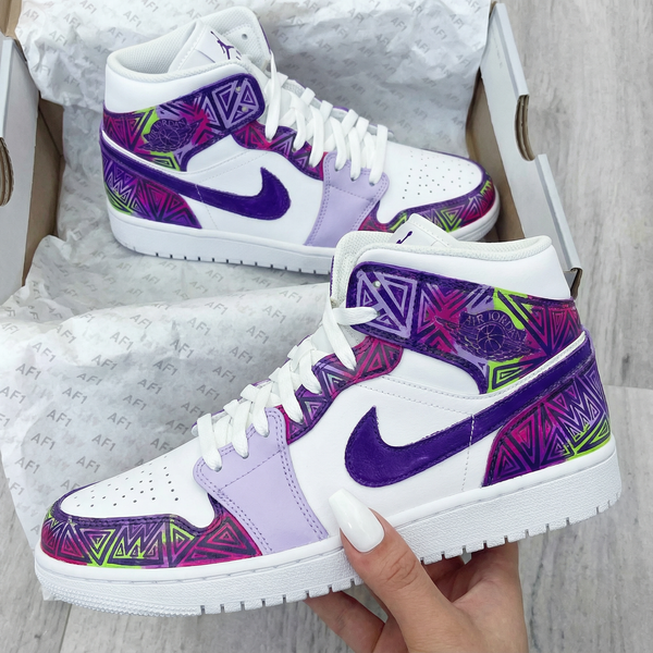 Custom AJ 1s Shoes White Purple with Geometric Patterns-oicustom