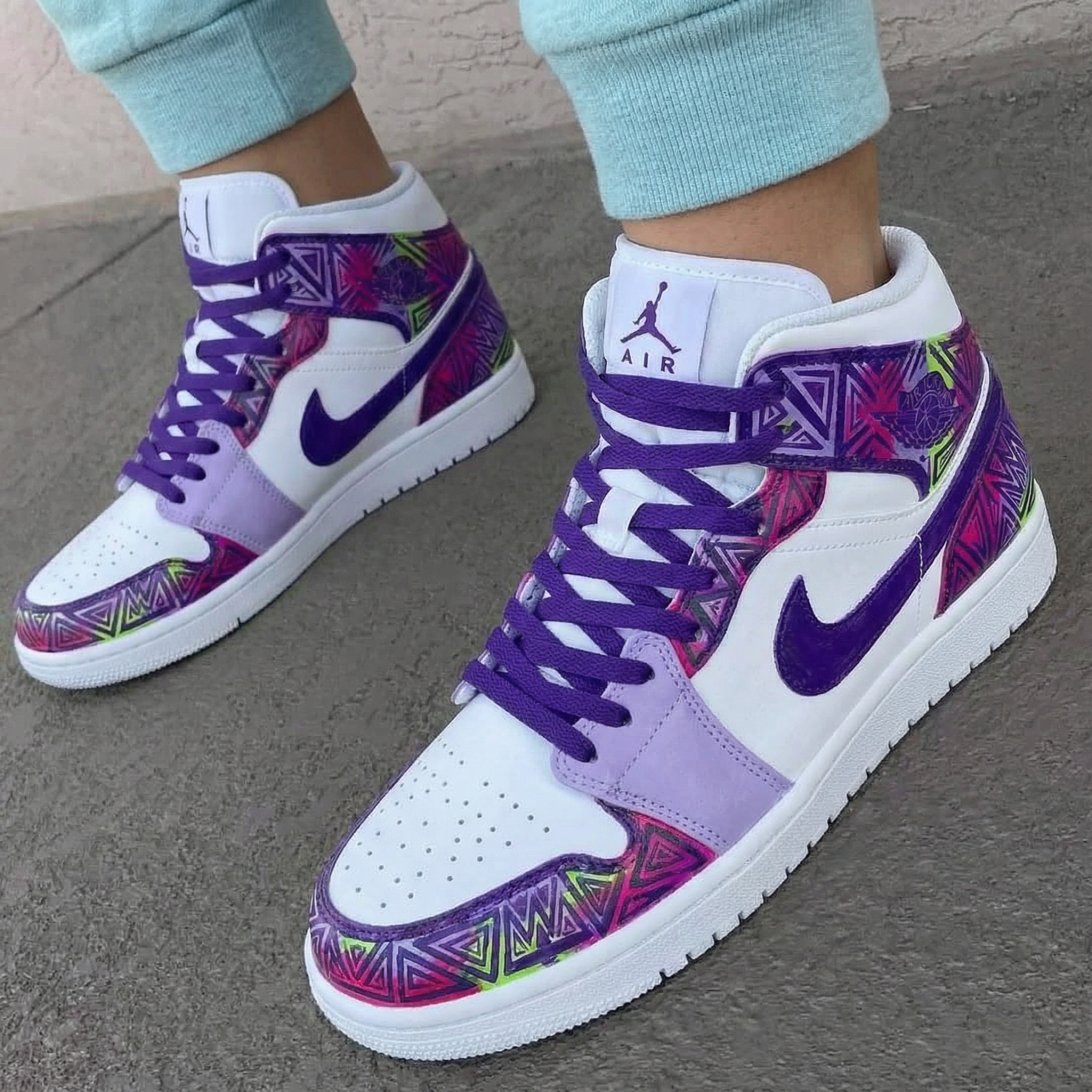 Custom AJ 1s Shoes White Purple with Geometric Patterns – oicustom