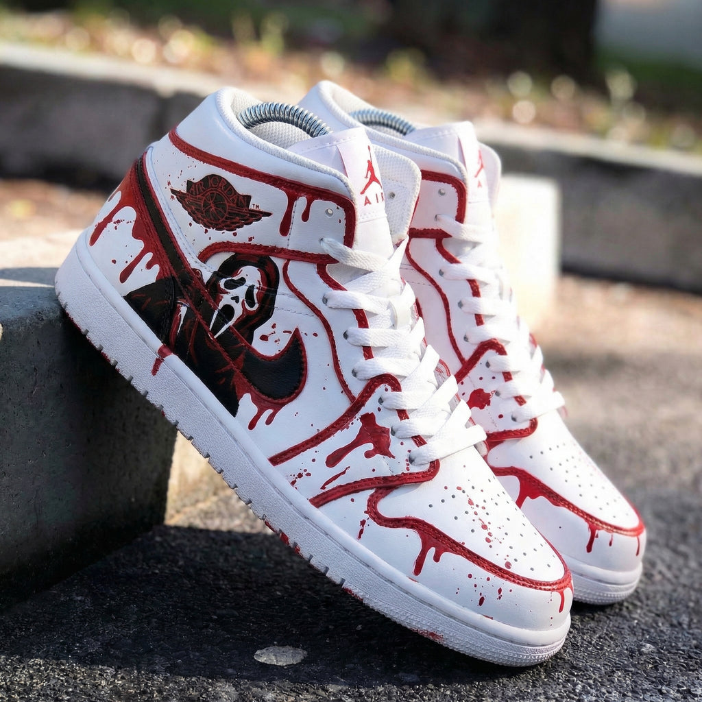 Custom AJ 1s Shoes White Red Ghostface Pattern-oicustom