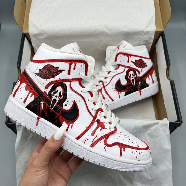 Custom AJ 1s Shoes White Red Ghostface Pattern-oicustom