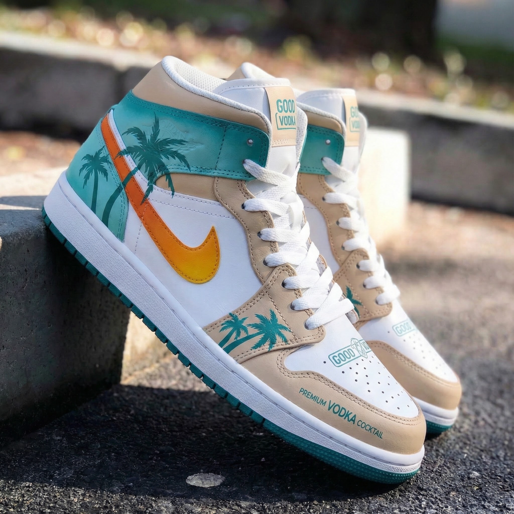 Custom AJ 1s Shoes White Teal Orange with Palm Tree Design-oicustom
