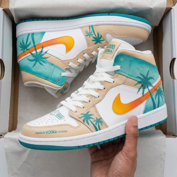 Custom AJ 1s Shoes White Teal Orange with Palm Tree Design-oicustom