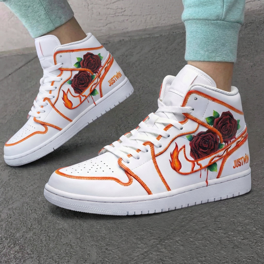 Custom AJ 1s Shoes White with Rose and Flame Patterns-oicustom